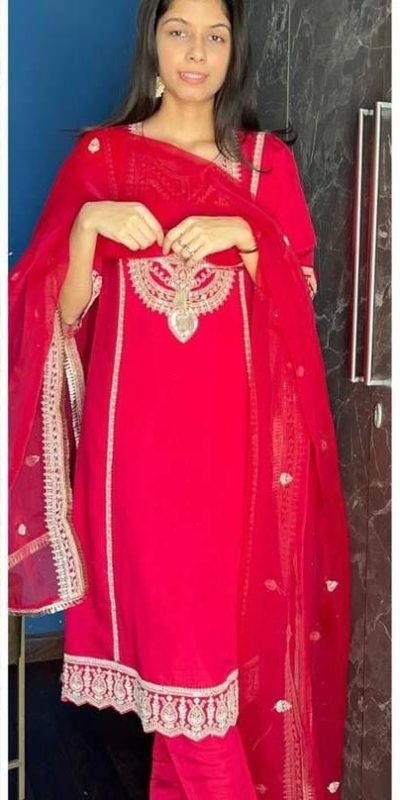 Fantastic Red Color Chinnon Cording Sequences Embroidery Work Salwar Suit