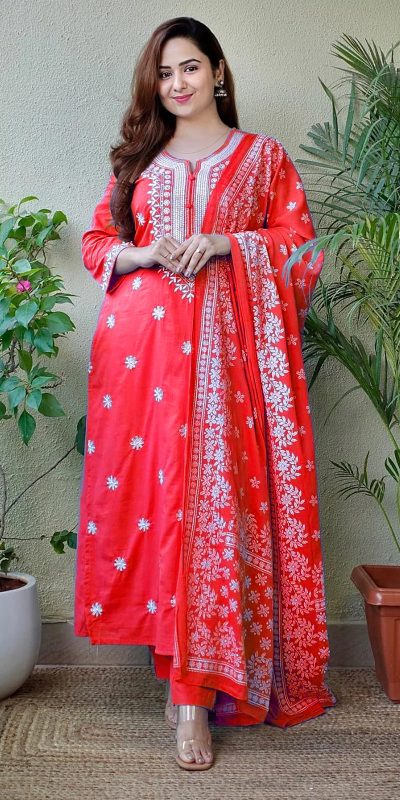 Fantastic Red Color Rayon Cotton With Embroidery Work Salwar Suit