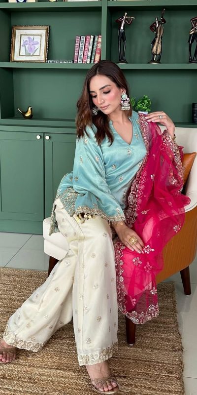 Fantastic Sky Blue Color French Crepe Embroidery Sequins Work Salwar Suit