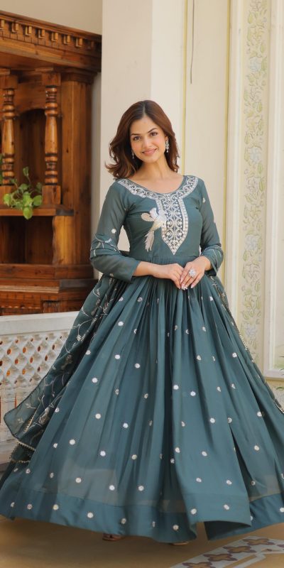 Glowing Grey Color Star Georgette Sequence Embroidery Work Anarkali Gown