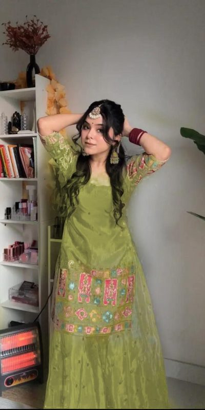 Glowing Light Green Color Chinnon Silk Embroidery Work Salwar Suit
