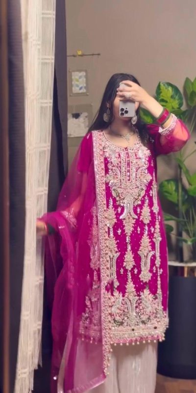 Glowing Pink Color Fox Georgette With Sequence Embroidery Work Pari Lace Salwar Suit