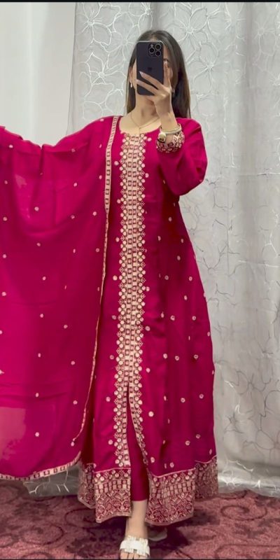 Glowing Red Color Pure chinon With Embroidery Work With kali Salwar Suit