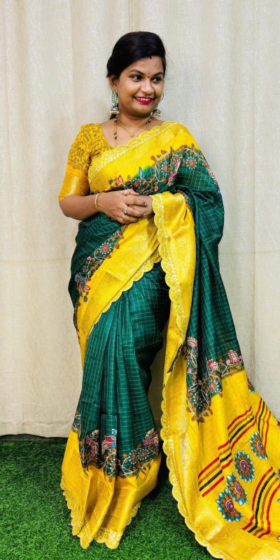 Graceful Green Color dola mangalagiri checks All Over Kalamkari Floral Print Saree