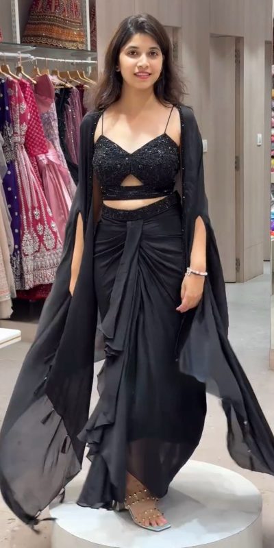 Lovely Black Color Satin Silk Thread With Sequence Dhoti Suit