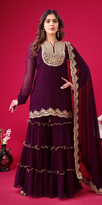 Magical Wine Color Faux Georgette Embroidery Sequence Work Salwar Suit