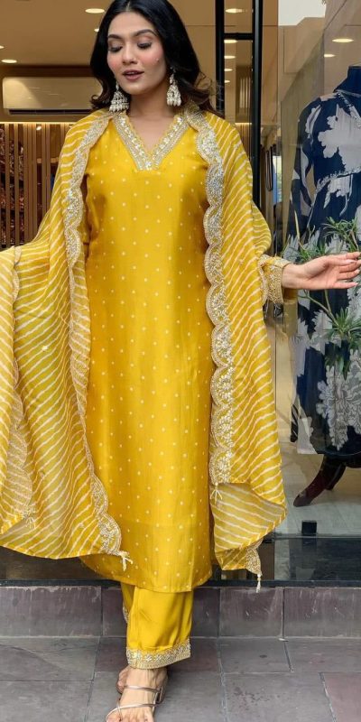 Magical Yellow Color Chinon Silk Wide Digital Print Coding Work Lace Salwar Suit