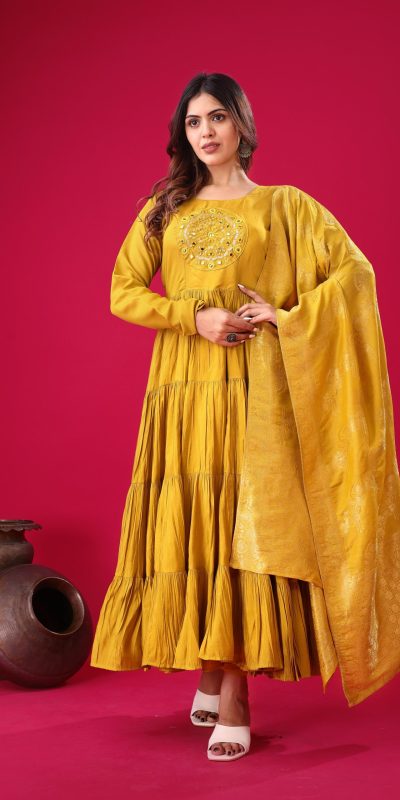 Magical Yellow Color Roman Silk With Embroidery Sequence Work Anarkali Gown