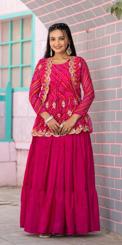 Nice Pink Color Bandhej Embroidery Thared Work Lehenga Crop Top & Jacket