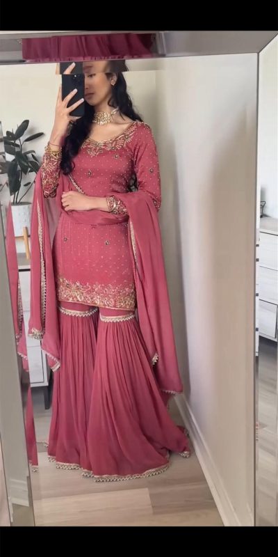 Perfects Peach Color Chinnon Silk Heavy Embroidery Work With Moti Handwork Salwar Suit