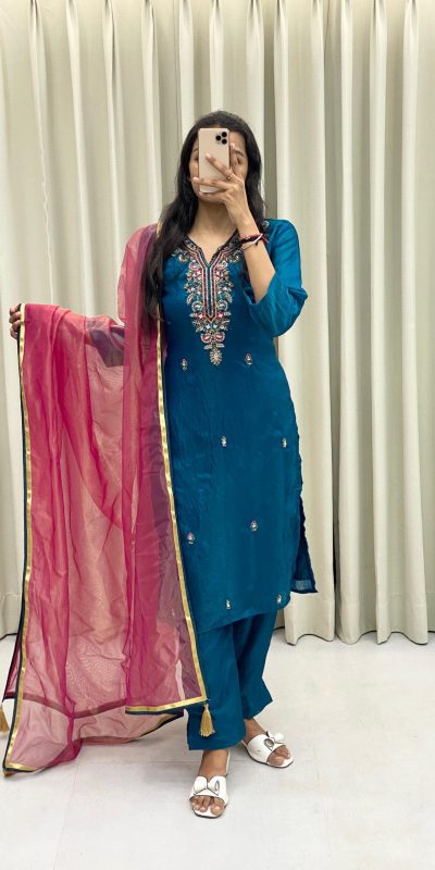 Prefect Peacock Blue Color Fendi Silk Hand Work Salwar Suit
