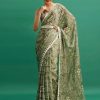 Presenting Green Color Chinnon Silk Digital Prints Embroidery Codding Sequins Work Saree