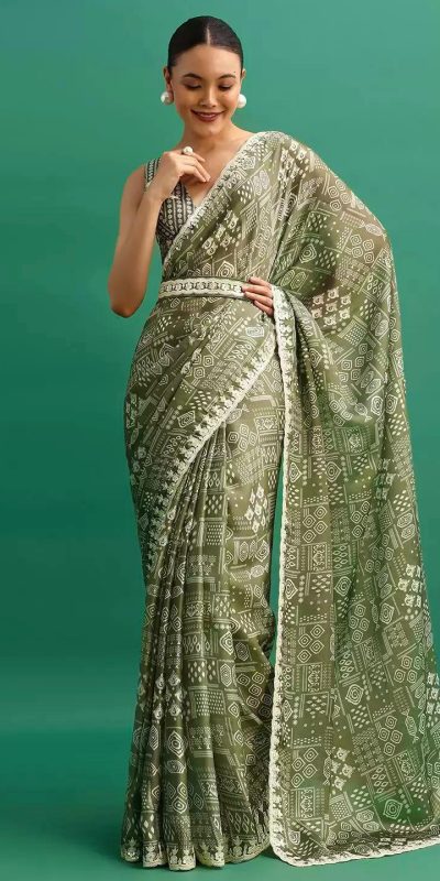 Presenting Green Color Chinnon Silk Digital Prints Embroidery Codding Sequins Work Saree