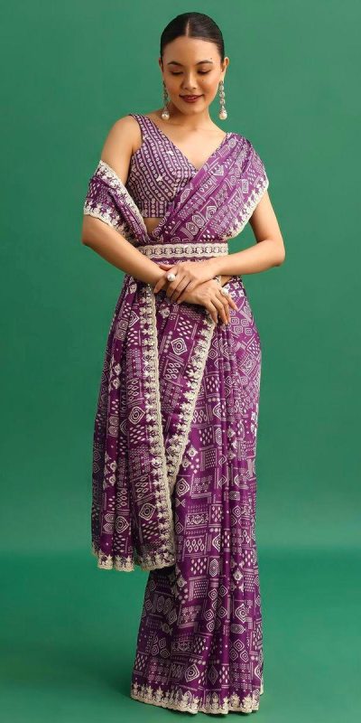 Presenting Purple Color Chinnon Silk Digital Prints Embroidery Codding Sequins Work Saree