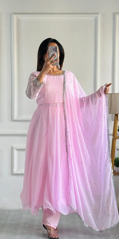 Baby Pink Foix Georgette Embroidery Work Anarkali Gown
