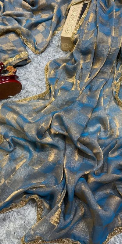 Pretty Blue Color Fendi Chiffon Pattern Hand Work Lace Saree