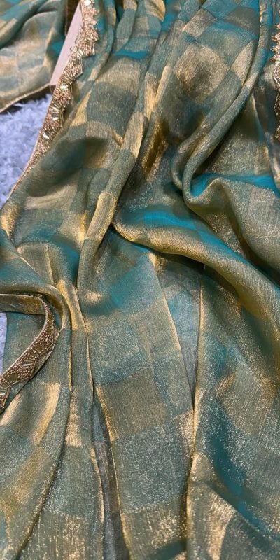 Pretty Green Color Fendi Chiffon Pattern Hand Work Lace Saree