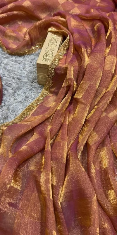 Pretty Peach Color Fendi Chiffon Pattern Hand Work Lace Saree