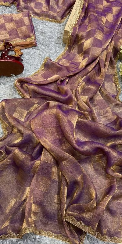 Pretty Wine Color Fendi Chiffon Pattern Hand Work Lace Saree