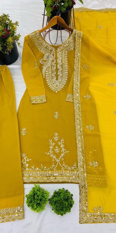 Yellow Faux Georgette Embroidery Sequence Work Salwar Suit