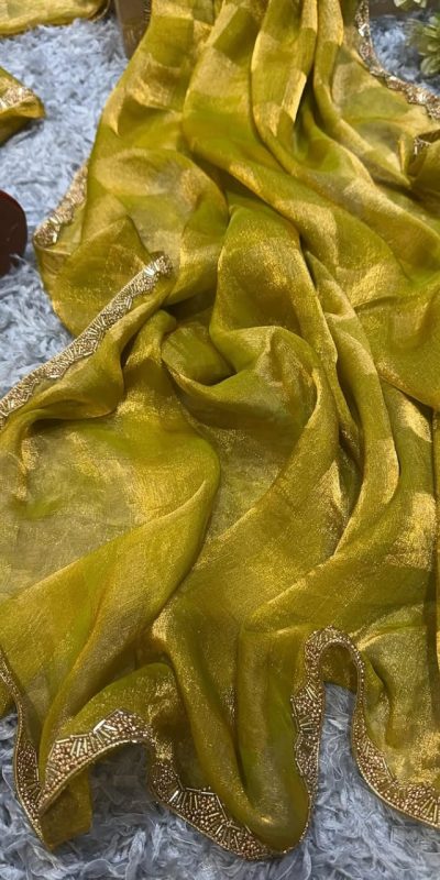 Pretty Yellow Color Fendi Chiffon Pattern Hand Work Lace Saree