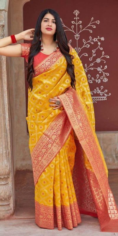 Pretty Yellow Color Soft Lichi Silk Jacquard Work On All Over Saree