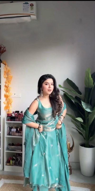 Shiny Sky Blue Color Fendi Silk Thread With Sequence Anarkali Gown