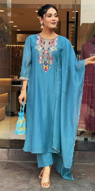 Stylist Blue Color Chanderi Silk With Mirror Work Embroidery Salwar Suit