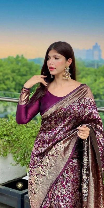 Wonderful Wine Color Soft Lichi Silk Jacquard Work On All Over Saree