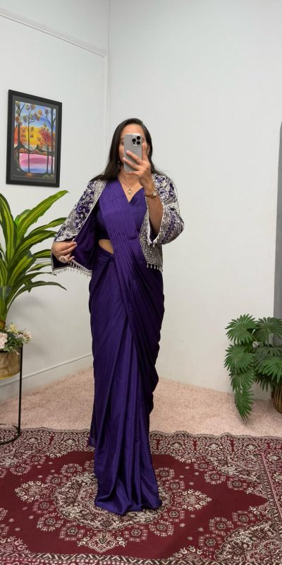 ST 1086 Purple Color Chinnon With Fully Embroidery Koti Ready To Wear Saree Wedding Party, Festive, Events Etc.4-6 Working Days@2049/- only | Gowns, Bollywood Gowns, Creative Gowns, Designer Gowns, Embroidered Gowns, Party Wear Gowns, Straight Suits