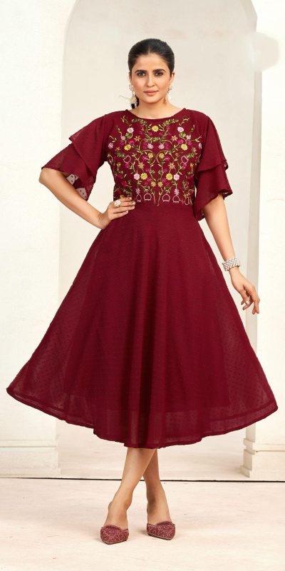 Aglow Maroon Color Georgette Butti Embroidery Thread Work Gown