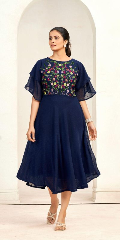 Aglow Navy Blue Color Georgette Butti Embroidery Thread Work Gown