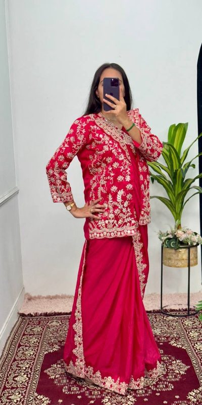 Aglow Red Color Chinon Work On Koti With Lace Border Saree