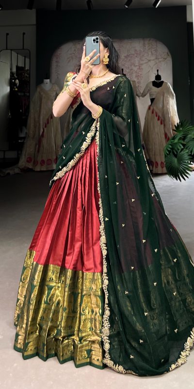 Awesome Red Color Narayan Pattu Zari Weaving Work Lehenga Choli