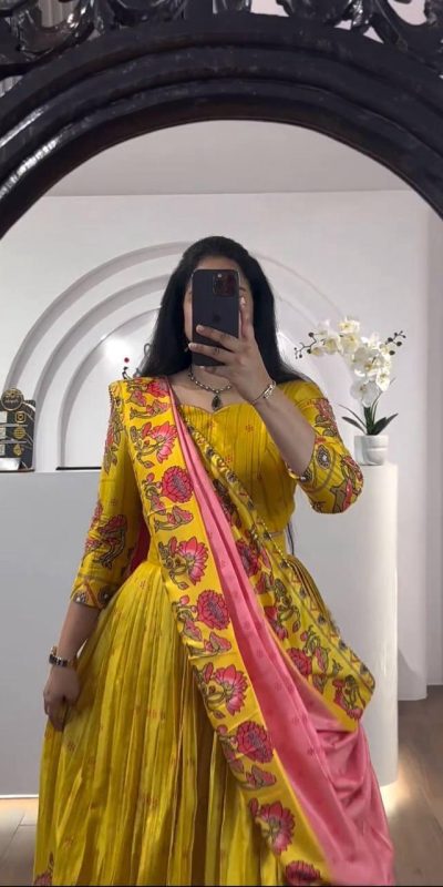 Awesome Yellow Color Chant Crepe Kalamkari Print Lehenga Choli