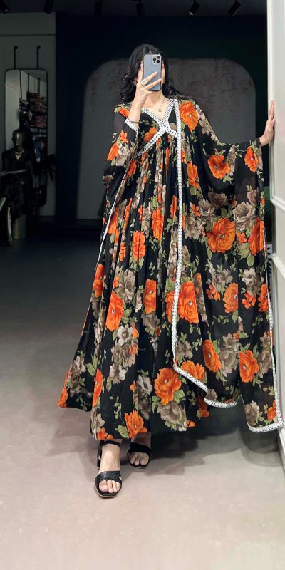 Beautiful Orange Color Georgette Floral Printed Paper Mirror Lace Gown