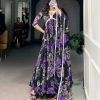 Beautiful Purple Color Georgette Floral Printed Paper Mirror Lace Gown