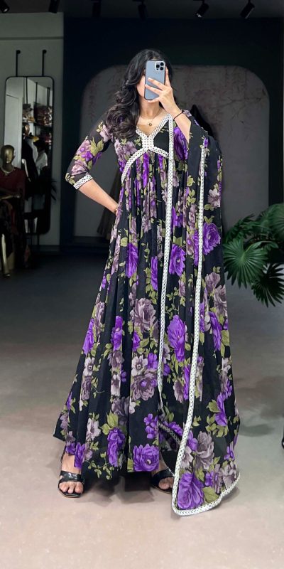 Beautiful Purple Color Georgette Floral Printed Paper Mirror Lace Gown