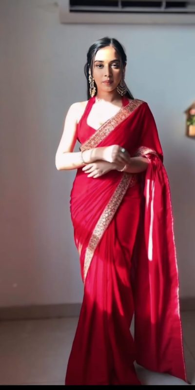 Beautiful Red Color Pure 9000 Velvet With Embroidery Lace Border Saree
