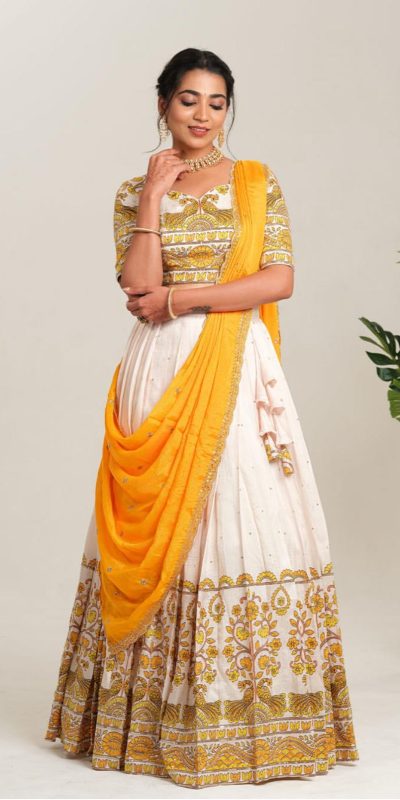 Beautiful Yellow Color Cotton Kalamkari Print Lehenga Choli