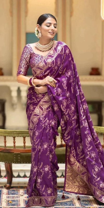 Bright Dark Purple Color Soft Litchi Silk All Over Weaving Saree