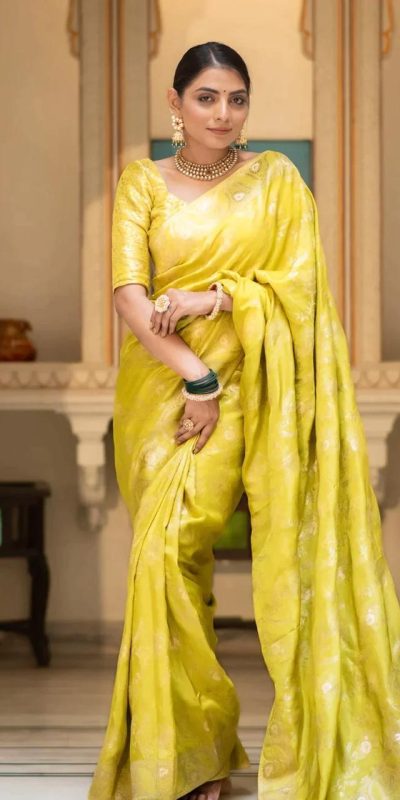 Bright Lemon Yellow Color Soft Litchi Silk All Over Weaving Saree
