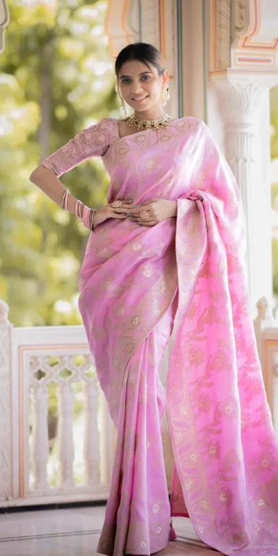 Bright Light Pink Color Soft Litchi Silk All Over Weaving Saree