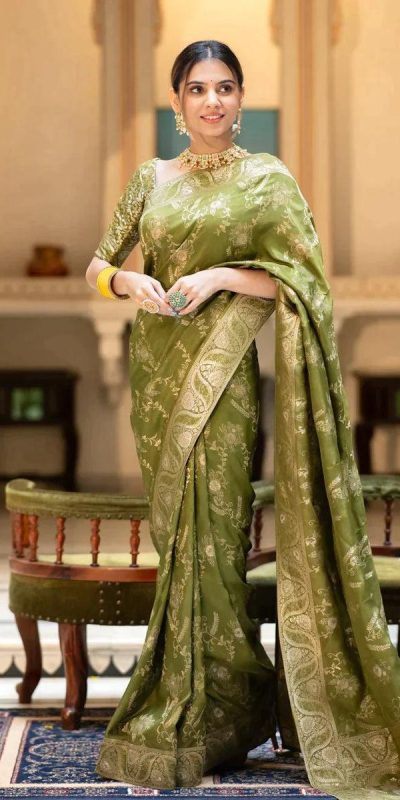 Bright Mehandi Color Soft Litchi Silk All Over Weaving Saree