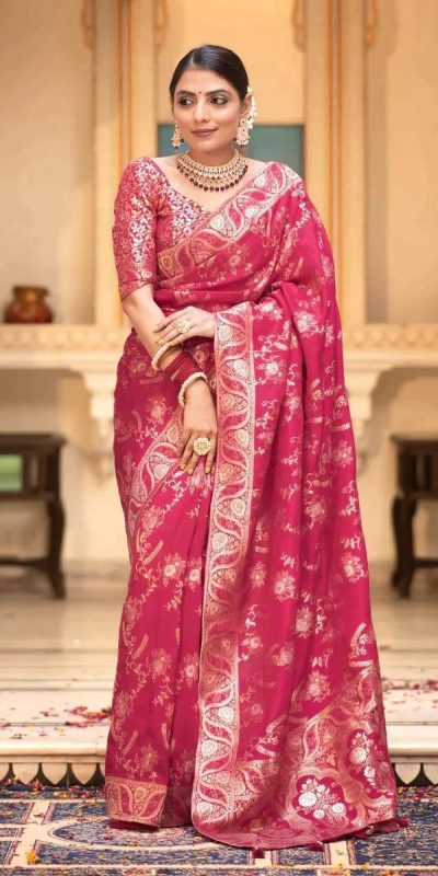 Bright Rani Pink Color Soft Litchi Silk All Over Weaving Saree