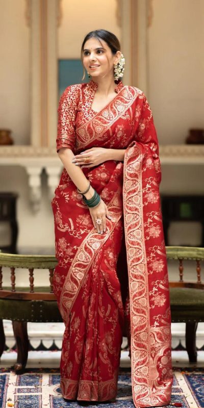 Bright Red Color Soft Litchi Silk All Over Weaving Saree