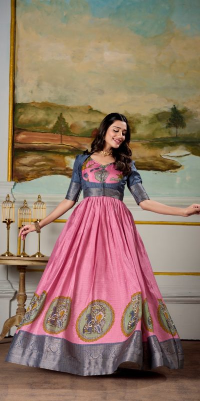 Classic Pink Color Dola Silk Kalamkari Print Weaving Broder Gown