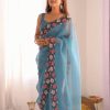 Classic Sky Blue Color Georgette Pastel Embroidery Multi Work Saree
