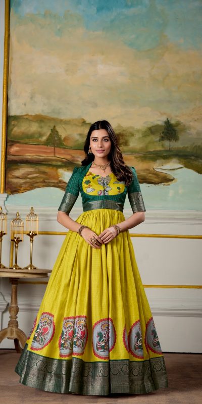 Classic Yellow Color Dola Silk Kalamkari Print Weaving Broder Gown