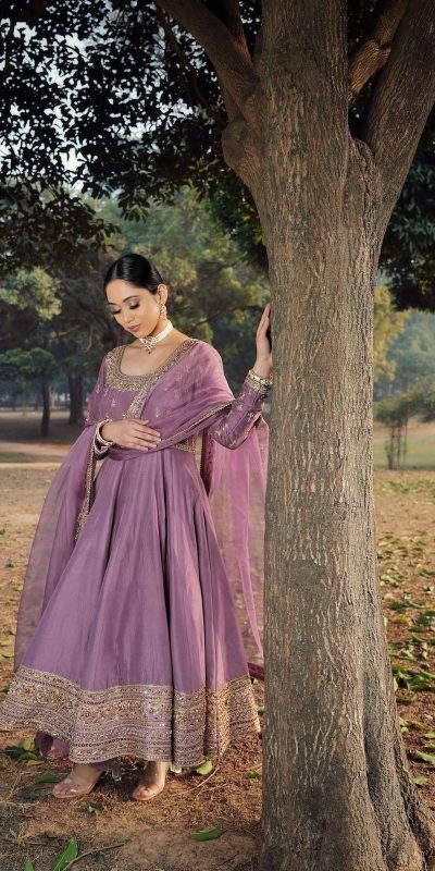 Cool Light Purple Color Roman Silk Embroidery Sequence Work Gown